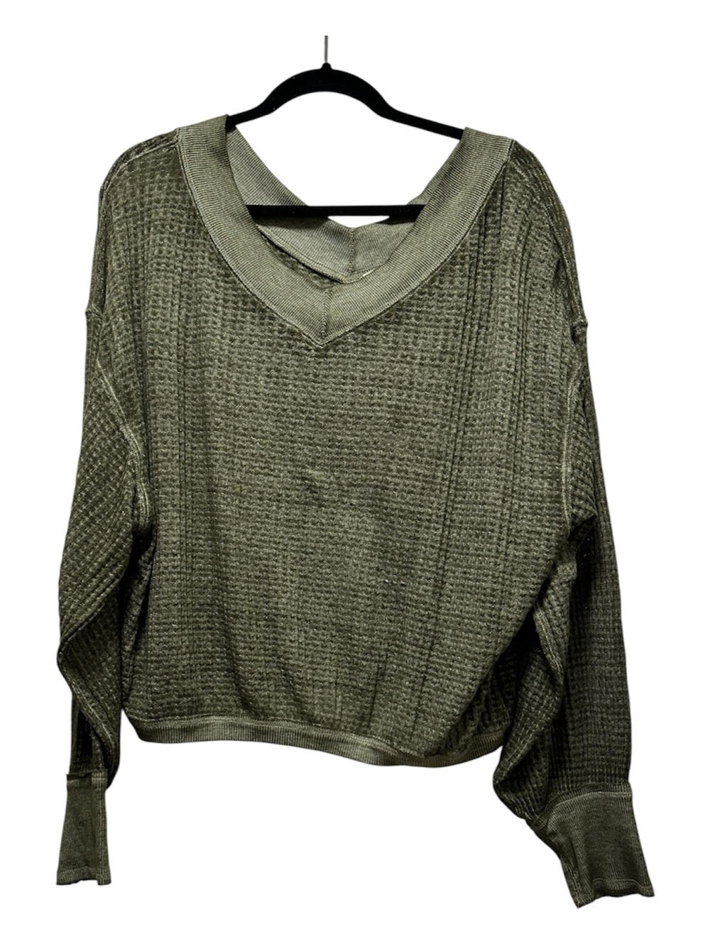 We The Free Olive Green Waffle V-Neck Pullover